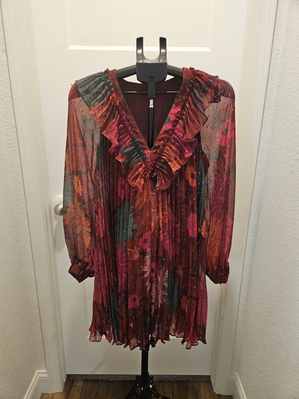 Anthropologie Sheer Floral Ruffle V-Neck Tunic in Rose, Orange & Green